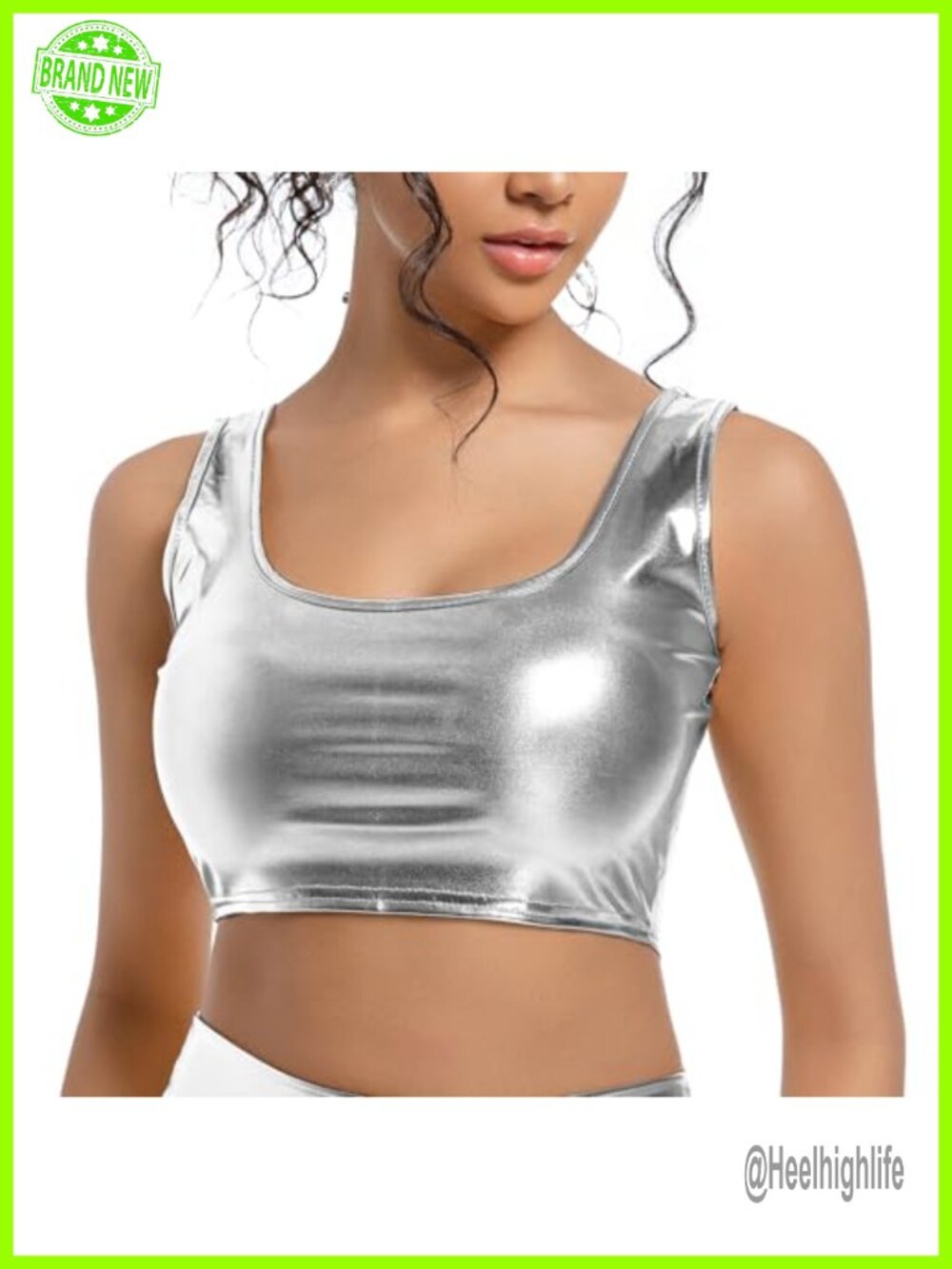 Women's Metallic Crop Top Shiny Stretch Tank Rave Festival Club Party Wear